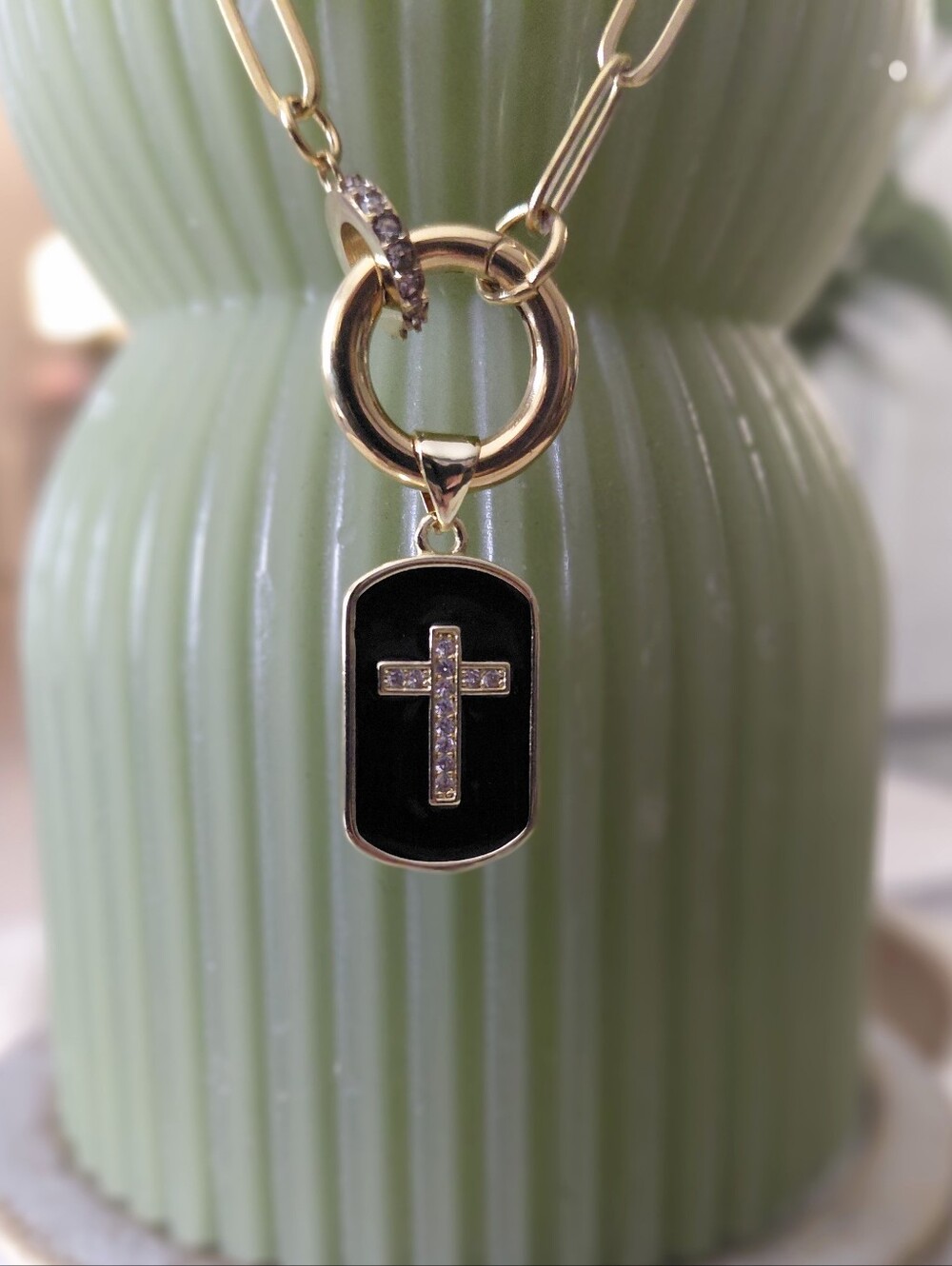 Gold-Tone Black Cross Pendant Necklace with Crystal Accents